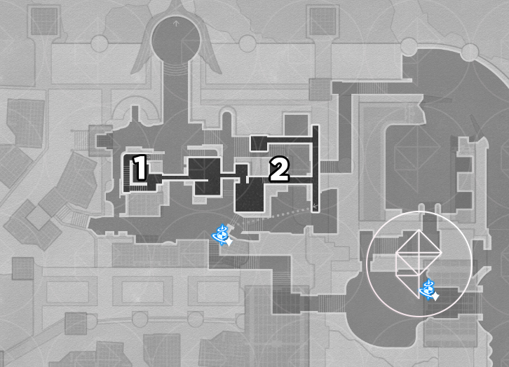 A map of the “Eternal Holy City” Okhema’s left side and upper floor in Honkai: Star Rail, numbering butterflies to find.