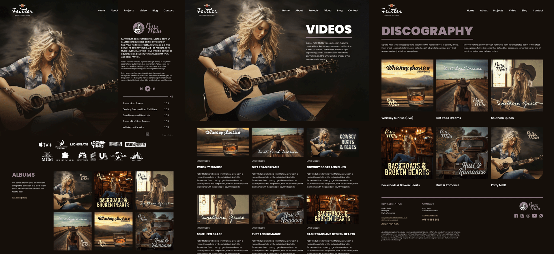 Three examples of multi-column page layouts displayed side-by-side featuring a fictional female country musician.