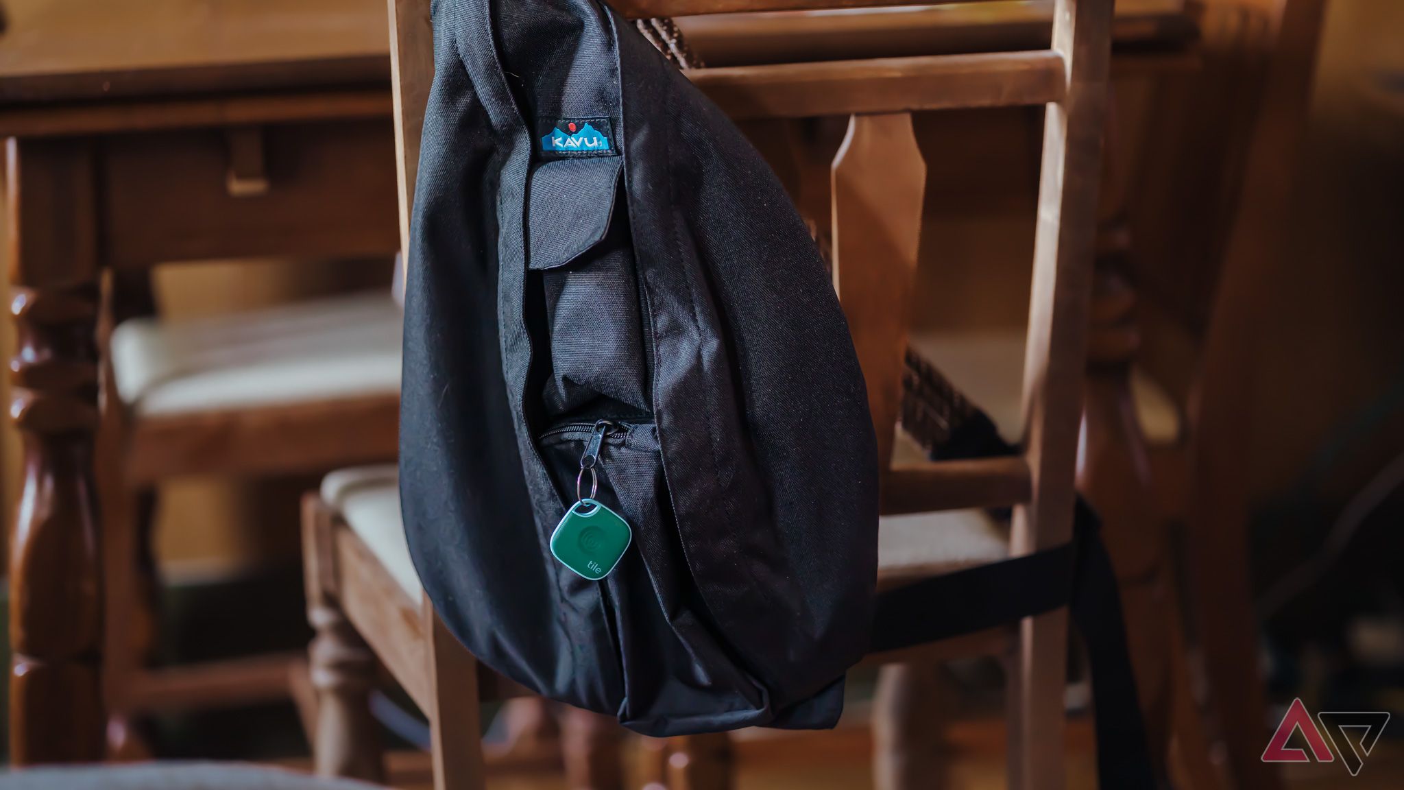 Tile Mate 2024 Bluetooth tracker in green on black Kavu bag