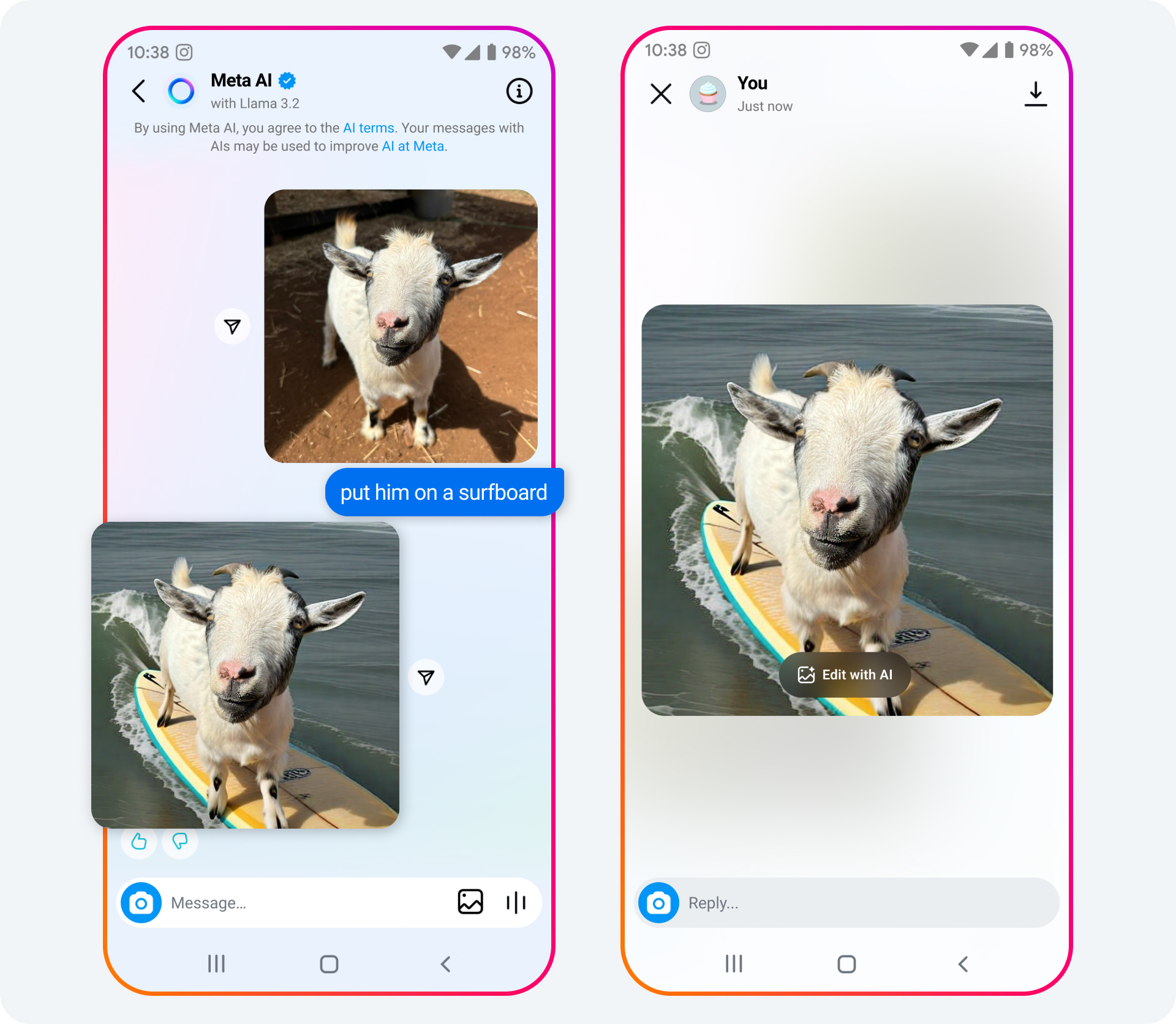 Meta AI with Llama 3.2 adding a goat to a surfboard.