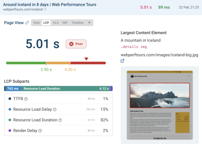 DebugBear tool where you can review visitor experiences and check LCP subpart timings