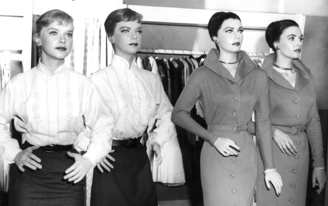 Actors Anne Francis and Elizabeth Allen next to mannequins created in their likeness on the set of 'The Twilight Zone'