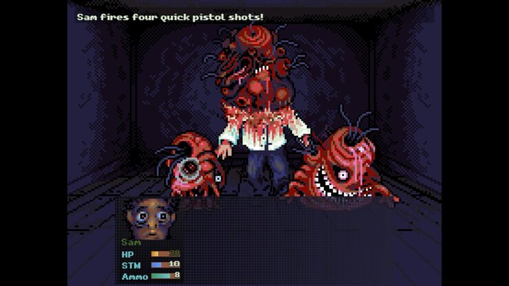 Look Outside - A neighbor's head has changed into a mass of flesh and tentacles. Two other horrific fleshy beasts crawl at their feet.