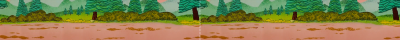 A closer look at the landscape painting, with bushes and trees appearing repeatedly
