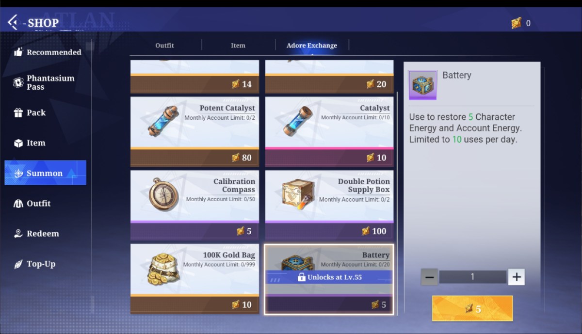 Crystal of Atlan shop showing the Battery icon