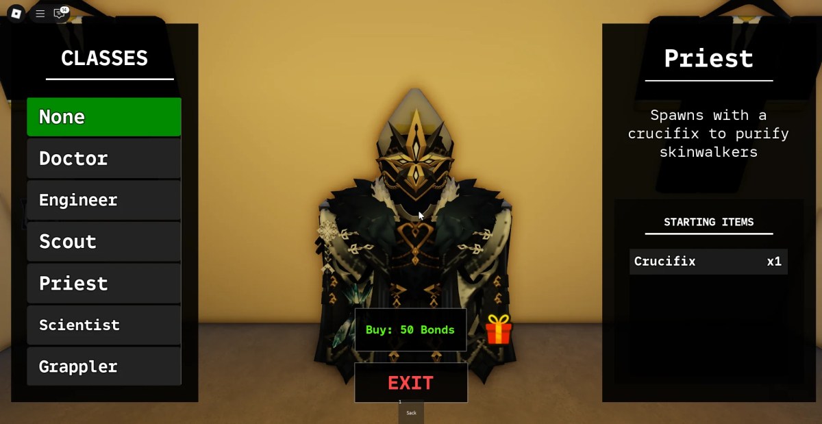 Preview of the classes menu in the Skinwalkers Roblox experience.