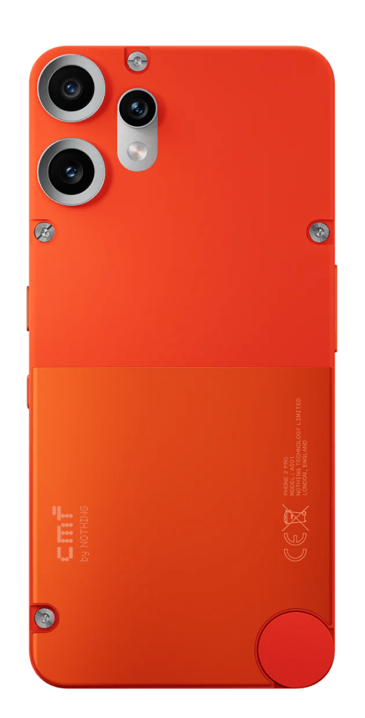 Rear view of the CMF Phone 2 Pro in vibrant orange, showcasing its modular design, dual camera setup, and exposed screws.