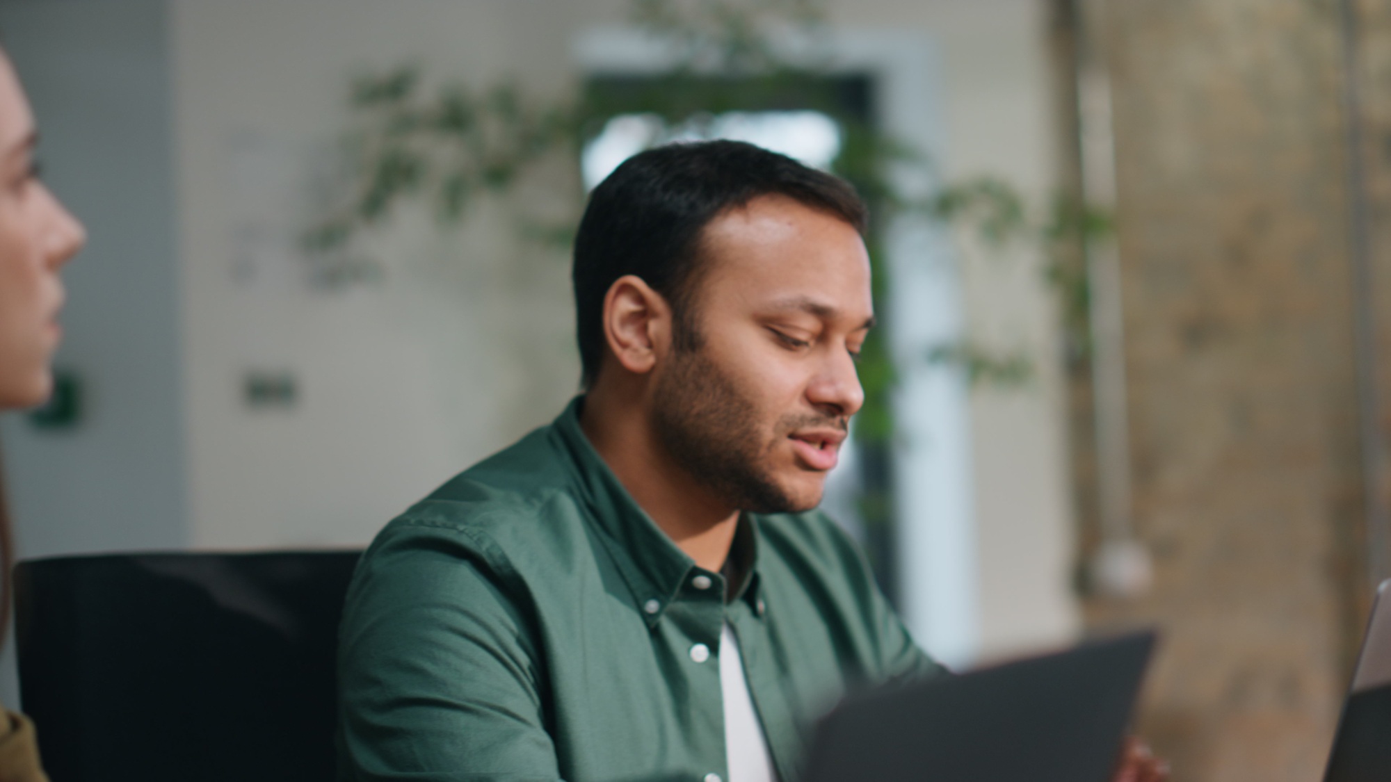 Professional office team telling about marketing strategy at meeting close up.