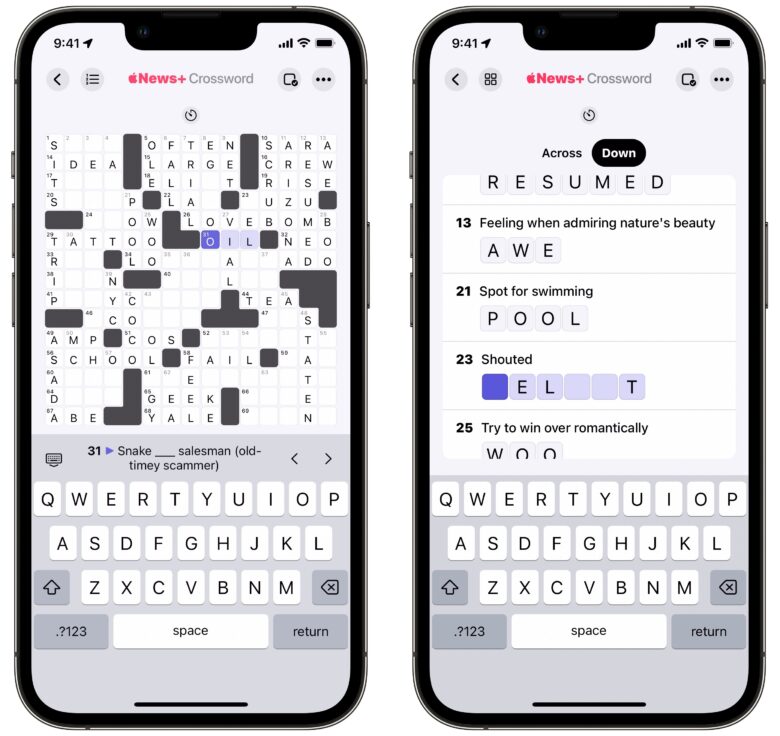 Board and List Crosswords Screenshot of daily crossword puzzle in board view and list view