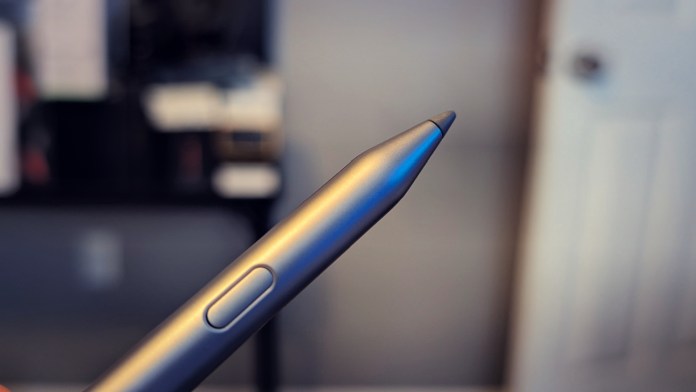 Close-up of the Lenovo Tab Pen Plus, showcasing its sleek design and pressure-sensitive tip.