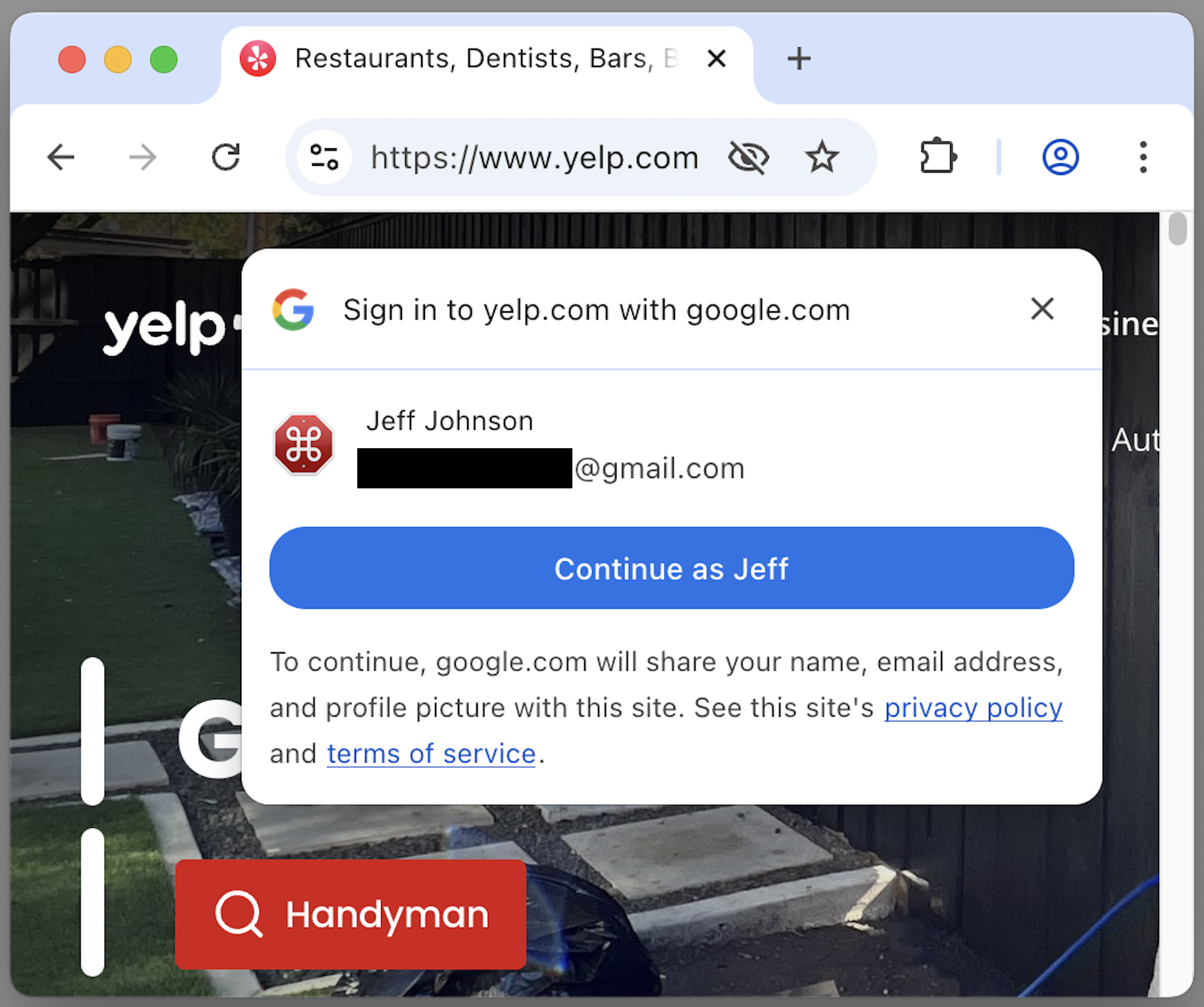Sign in to yelp.com with google.com on www.yelp.com in Chrome
