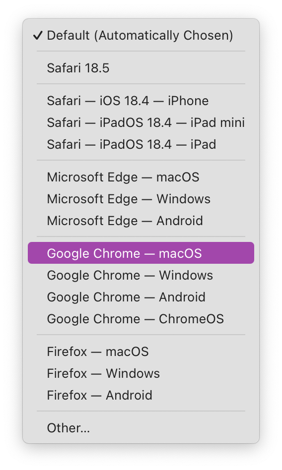 User Agent submenu of Safari Develop menu