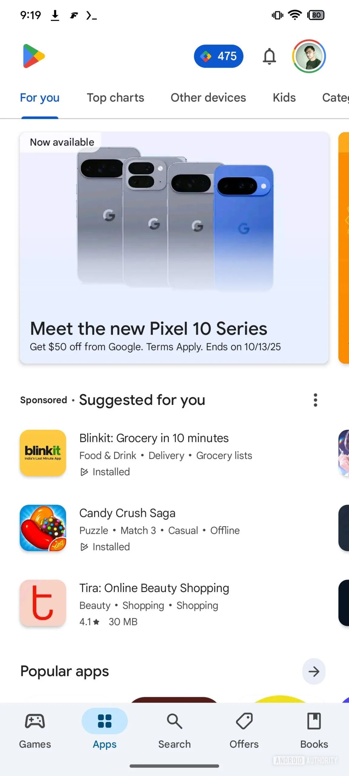A screenshot highlighting the Pixel 10 series banner on the Play Store.