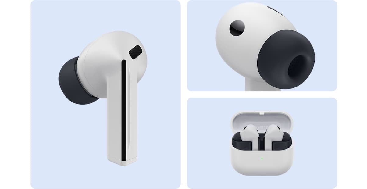 Different views of Galaxy Buds 3 FE in gray and black colors