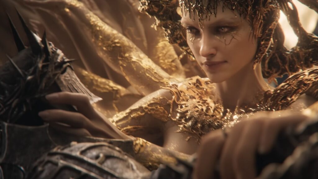 Close-up of a golden queen with intricate crown and glowing details, holding the armored hand of another character.