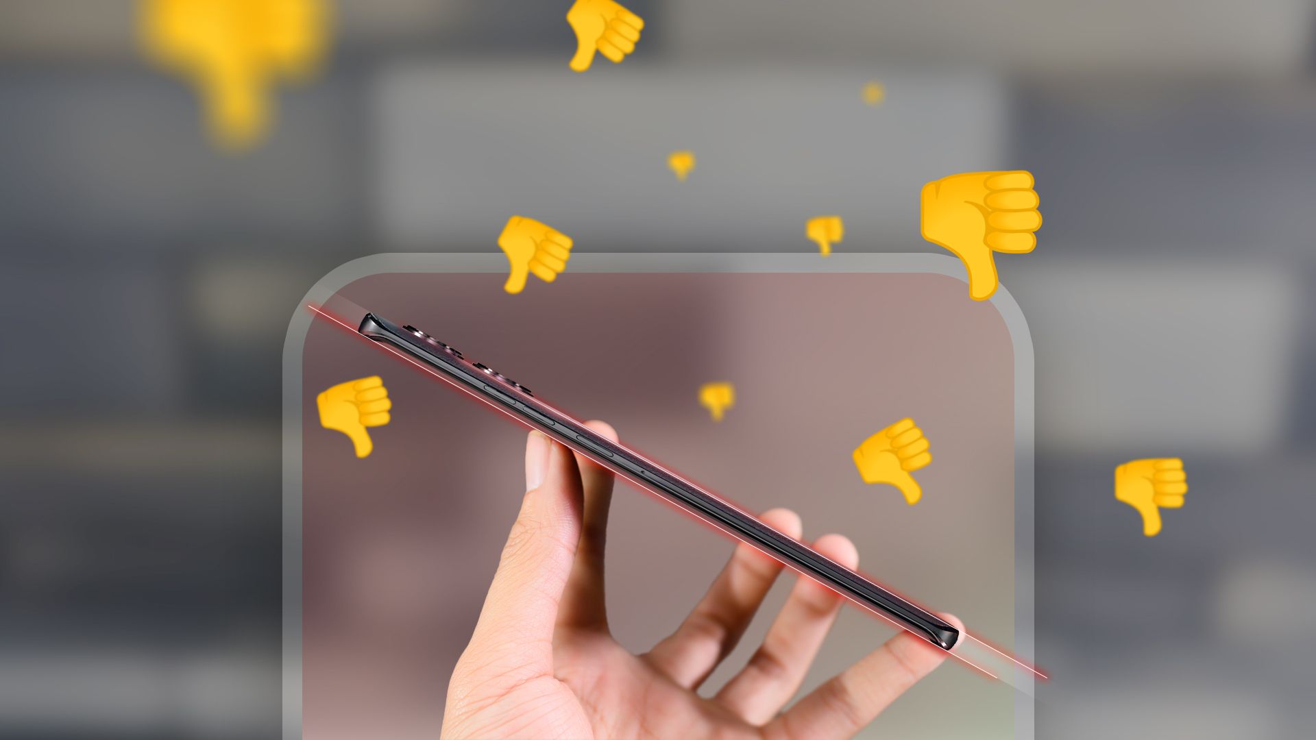 A hand holding a thin phone and several thumbs down emojis around it.