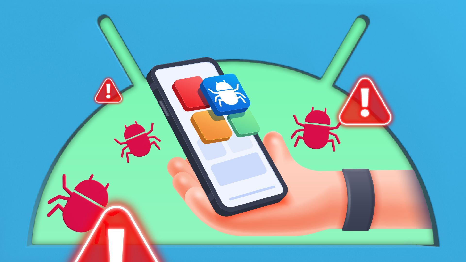 A hand holding a phone with a bloatware icon, some warning signs around, and the Android logo in the background