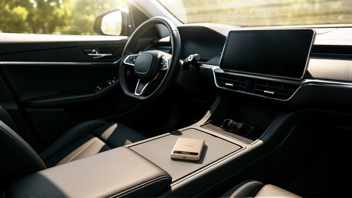 Interior view of a modern car featuring a power bank placed on the center console, with a sleek dashboard design and sunlight illuminating the space.