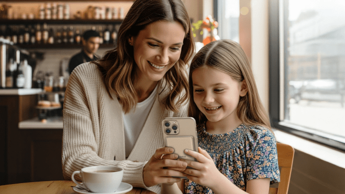 A woman and a girl are sitting at a table in a cafe, smiling while looking at a smartphone together. A cup of coffee is placed on the table.