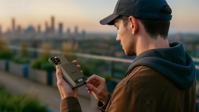 A person using a SolidSafe power bank to charge a smartphone, with a city skyline in the background during sunset.