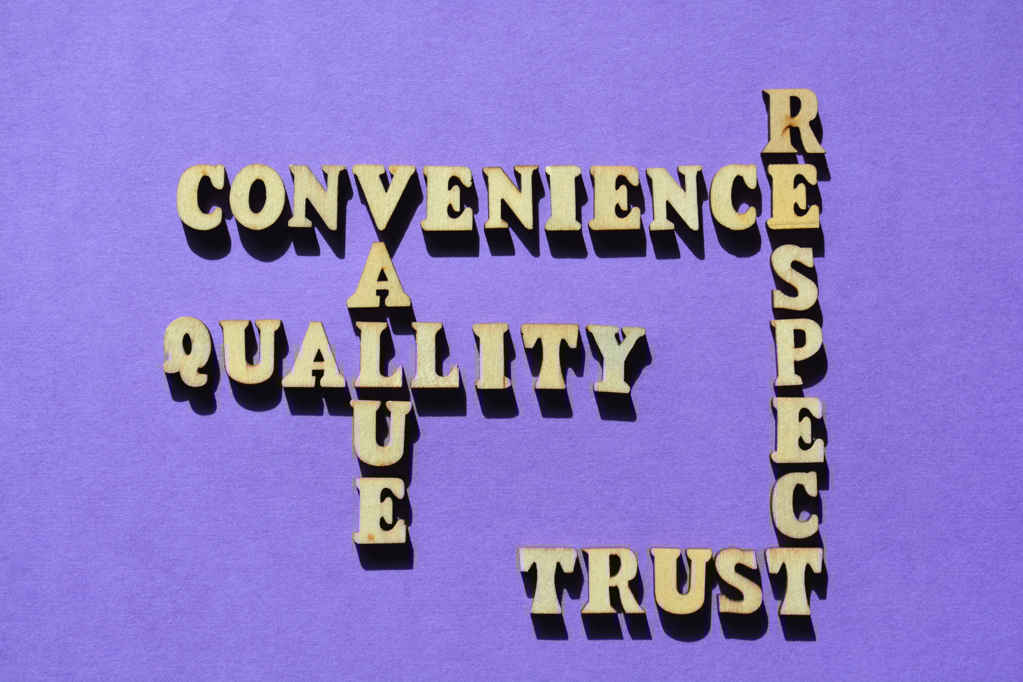 Convenience, Respect, Trust, Quality, Value, words as crossword