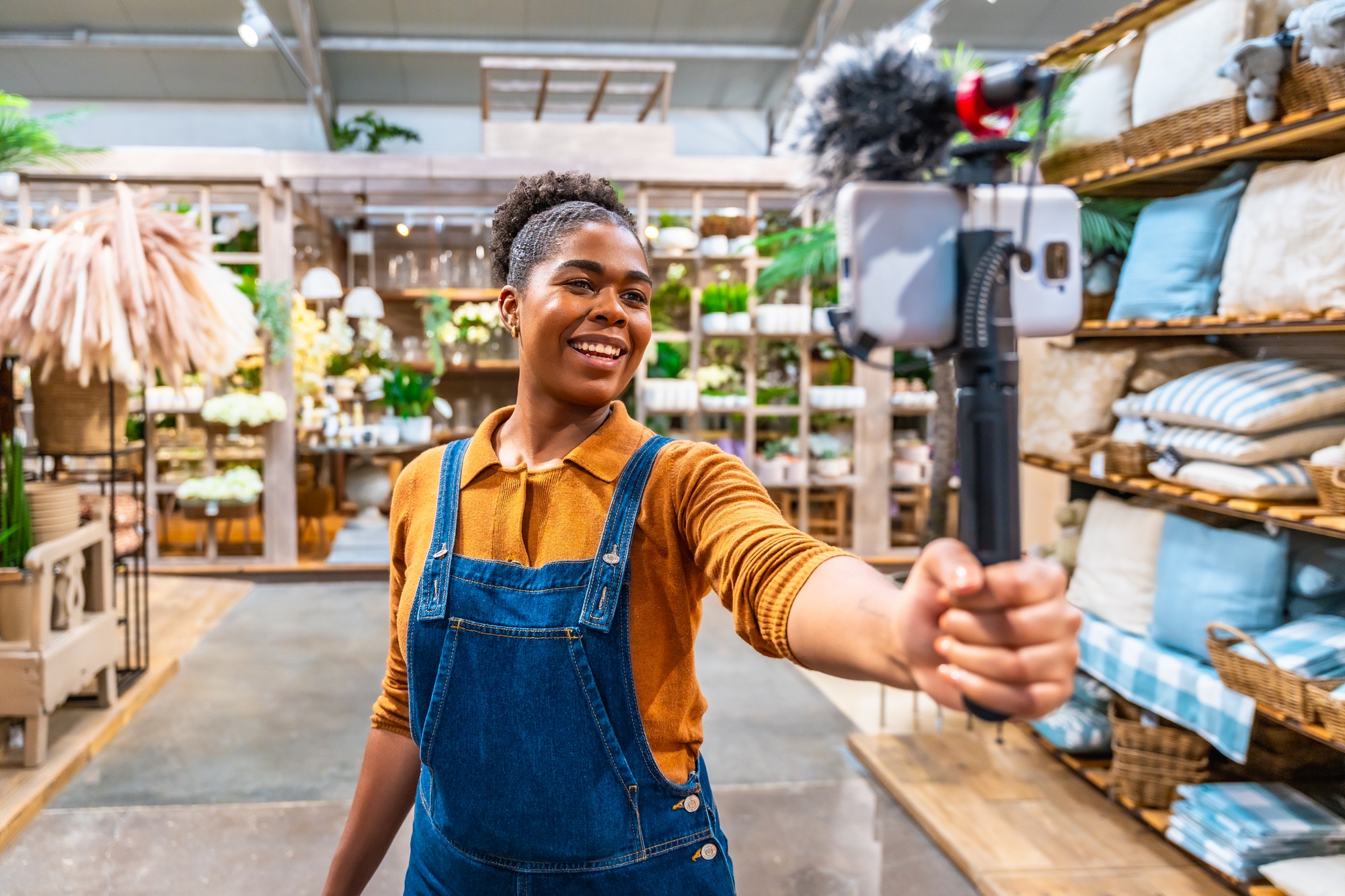 Influencer creating engaging content for social media in home decor store