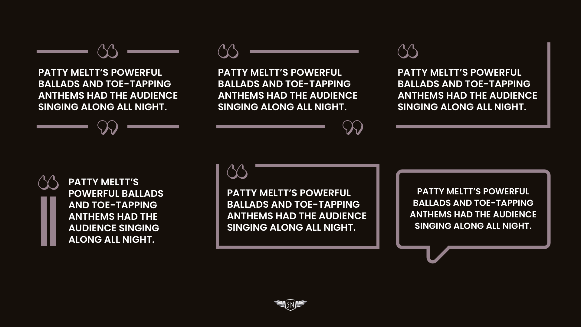Six examples of pull quotes with border variations and stylized opening quote marks.