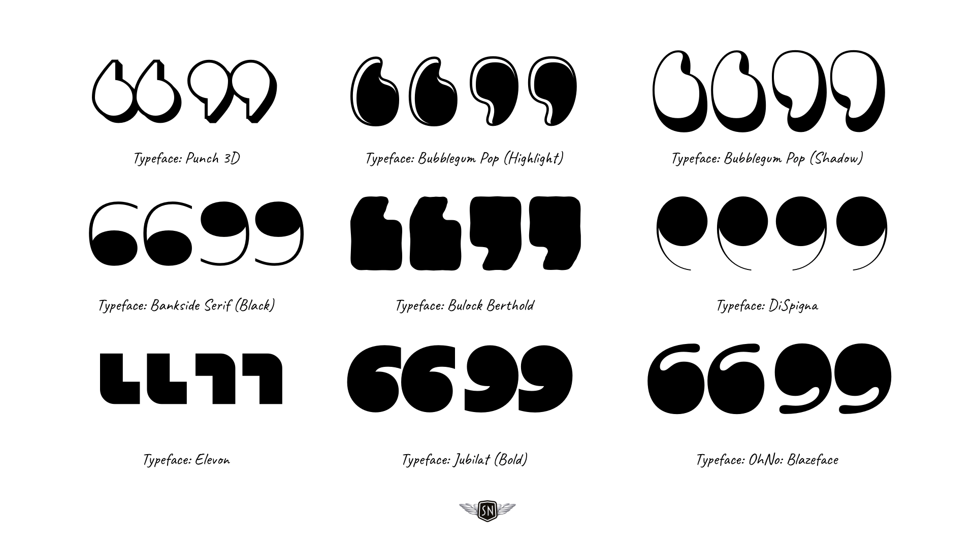 Nine examples of quote mark characters in different fonts.