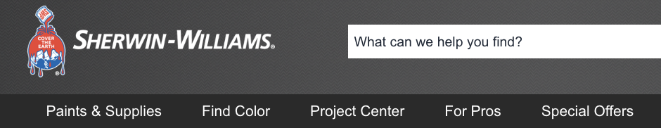 Navigational menu labeled: Paint & Supplies, Find Color, Project Center, For Pros, and Special Offers