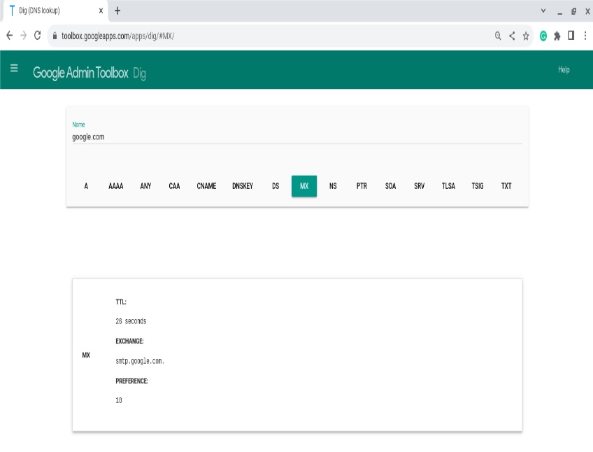MX record result in Google Dig tool.