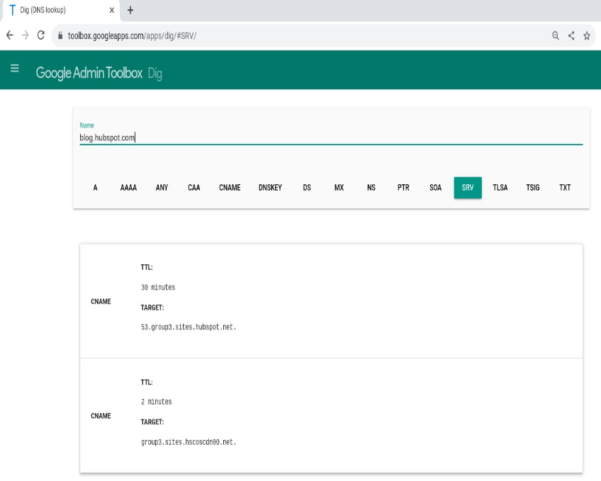 SRV record for HubSpot in Google Dig tool.