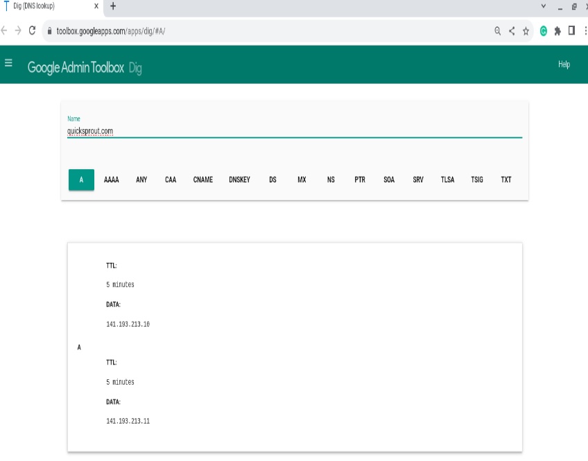 Google Dig tool with quicksprout results shown.