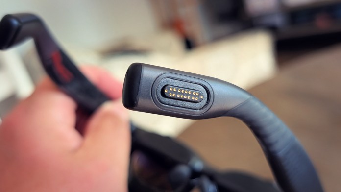 Close-up view of the connector on the temple of VITURE Luma Pro XR glasses.