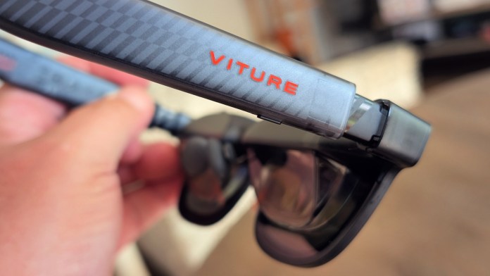 Close-up of VITURE XR glasses showing the design and branding.