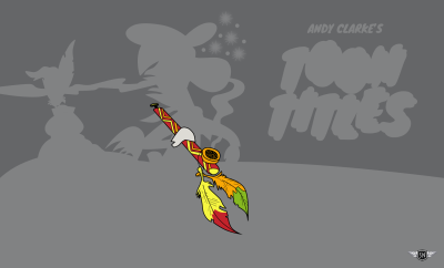 Vibrantly illustrated pipe adorned with two feathers on the end against a silhouetted toon title card.