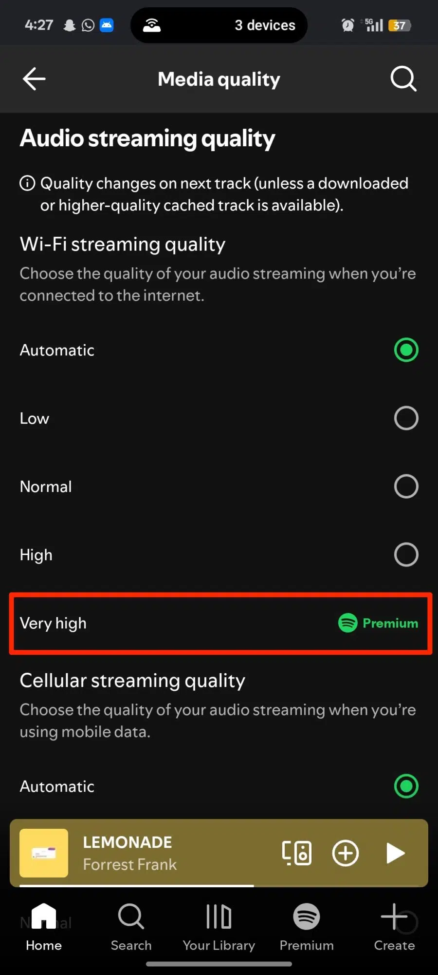 Red box highlighting Very High option in Spotify Media quality menu