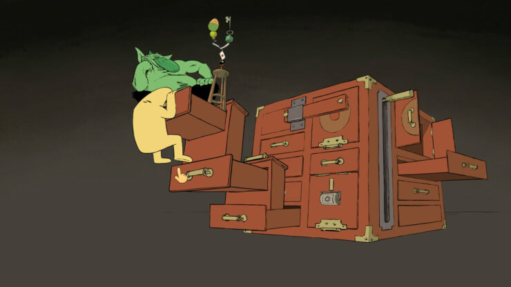 Unboxing Mr. Coo - A yellow humanoid tries to crawl into a drawer that is couched within several other drawers.