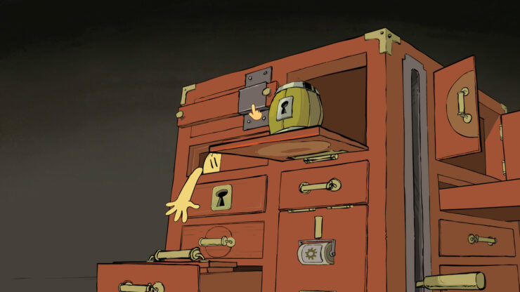 Unboxing Mr. Coo - a hand reaches out of a box made up of many locked drawers.