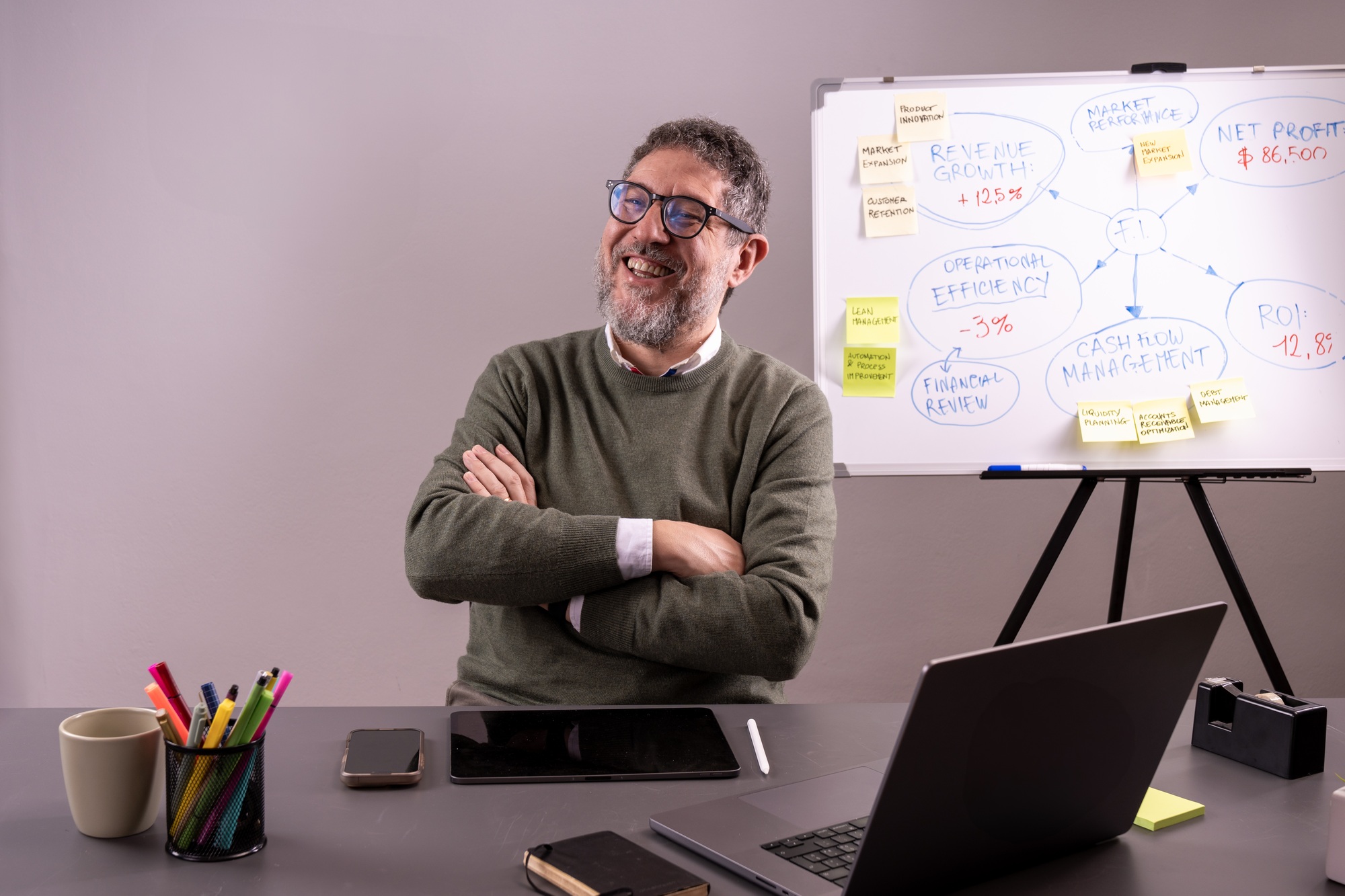 Business executive discussing market performance on whiteboard, financial growth concept