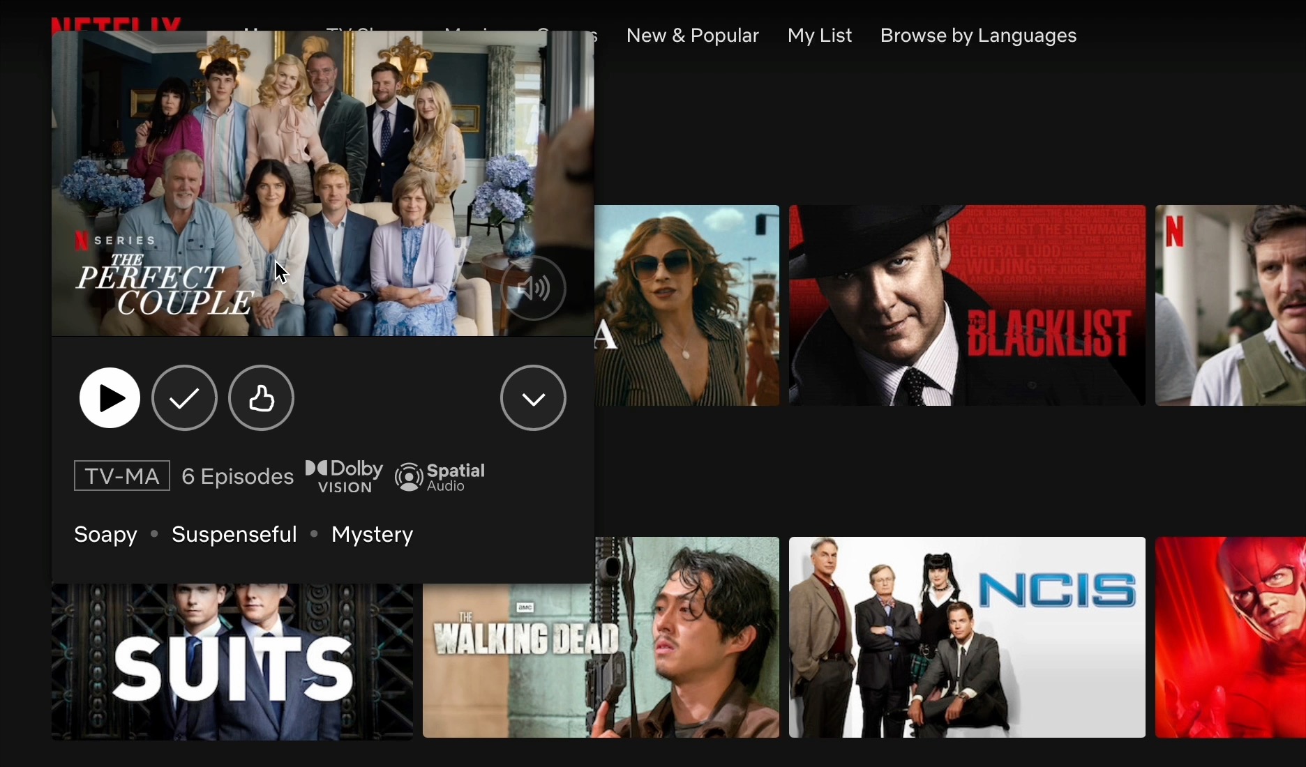 Netflix interface displaying the show “The Perfect Couple” with details and preview, alongside thumbnails for other shows. 