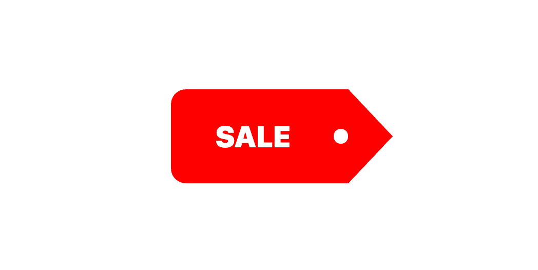 Red rectangular box with rounded corners on the left and beveled corners on the right forming an arrow shape with the label ‘Sale’ in white.