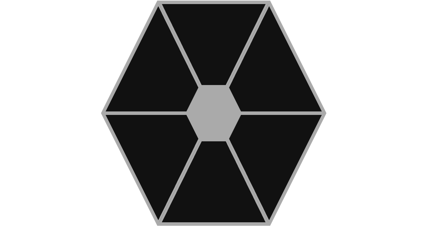 Hexagon shape with six black segments forming the shape, separated by gaps of gray space. The negative space in the middle forms another hexagon.
