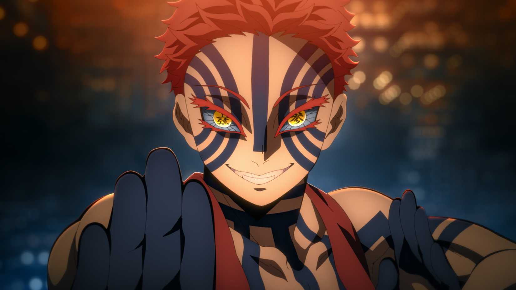 A close up of Akaza in Demon Slayer Infinity Castle