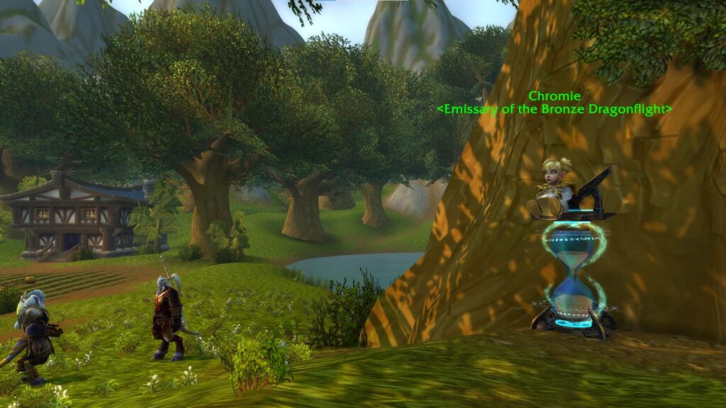 Chromie with an hourglass offering Chromie Time in World of Warcraft