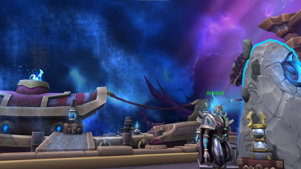 NPC Al’dalil at the Timewalking event hub in World of Warcraft, with portals and cosmic skies in the background