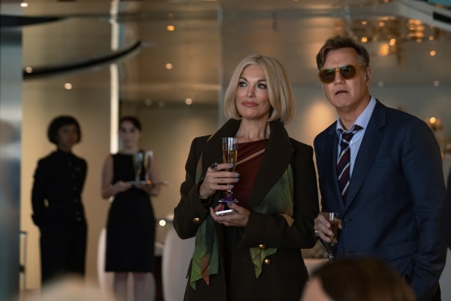 The Woman in Cabin 10.  (L-R) Hannah Waddingham as Heidi and David Morrissey as Thomas in The Woman in Cabin 10. Cr. Parisa Taghizadeh/Netflix © 2025