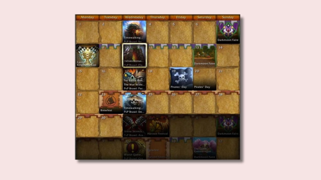 World of Warcraft in-game monthly calendar showing events like Darkmoon Faire, Timewalking, Pirates’ Day, and Brewfest