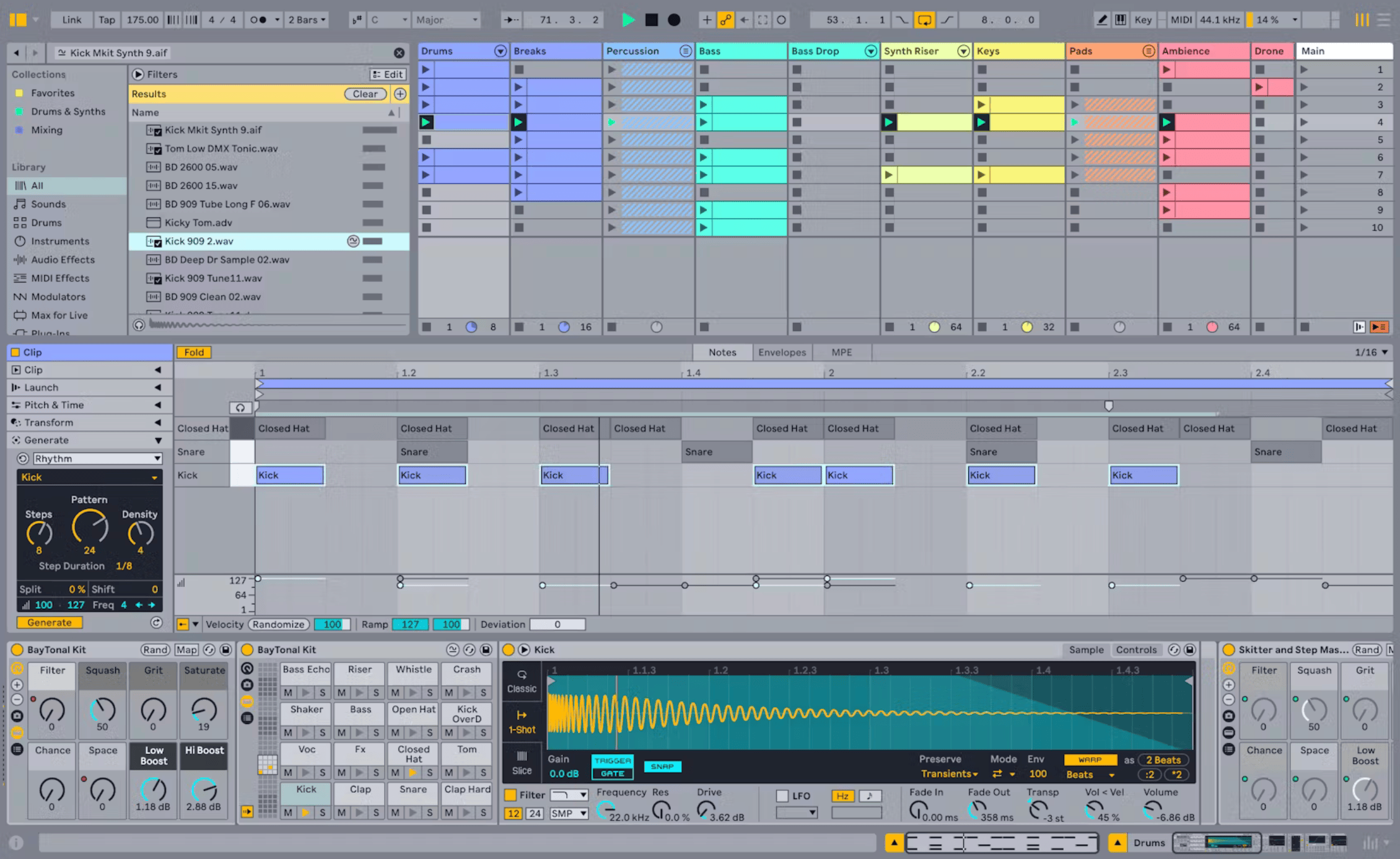 Screenshot of the Ableton Live recording app in grid view. There are nine colored columns representing song sections containing sound samples.