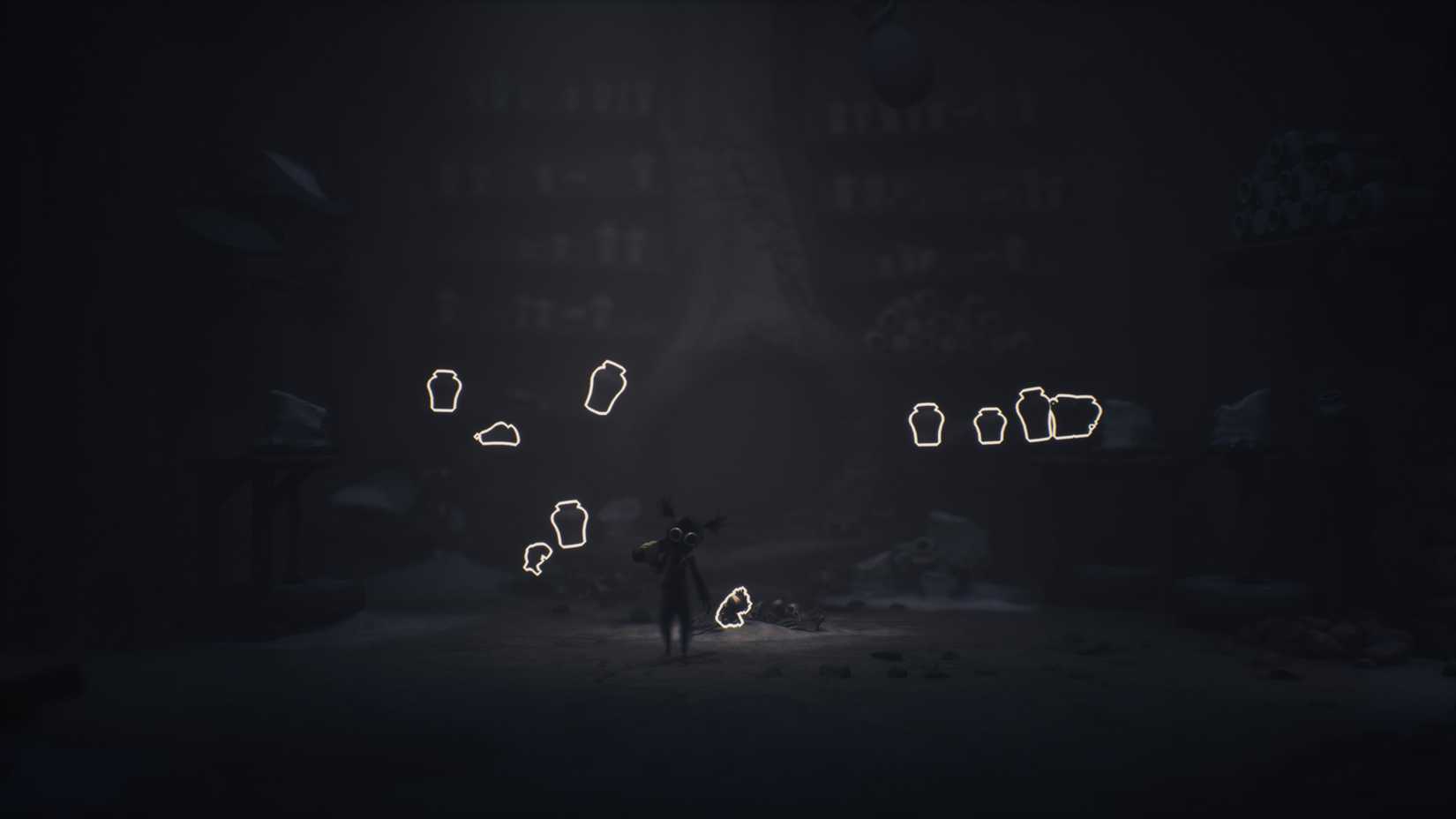 The protagonist stands in a dark room, surrounded by vases that are highlighted by one of the game's accessibility features.