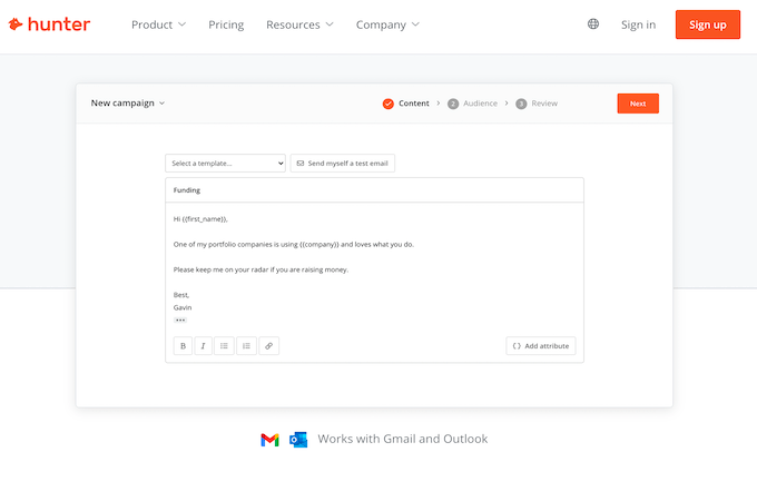 Example of Hunter.io email campaigns feature